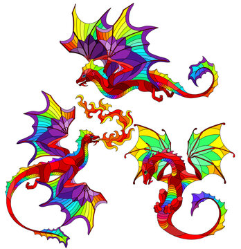 Set of stained glass elements with bright winged dragons, isolates on white background