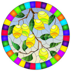 Illustration in stained glass style with lemon branches, leaves and fruits, round image in bright frame