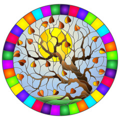 Illustration in stained glass style with autumn tree on sky background and sun, round image in bright frame