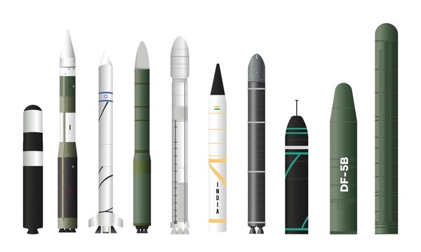 world strongest Military Missile Rocket in the world collection Isolated on White. Vector Illustration. Ballistic Intercontinental Rocket with Nuclear Bomb. Ground-to-air and Air-to-air missile.