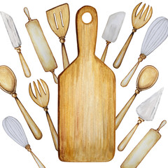 Hand drawn Wooden Kitchen accessories set for baking watercolor illustration, frame on white background. Cooking time banner, poster concept. Spoon, spatula, fork, rolling pin, tools, knife, board