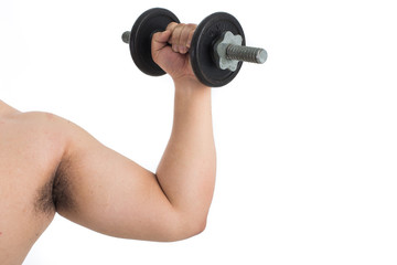Obraz na płótnie Canvas fat man arm workout with dumbbell