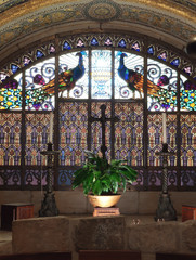 MOUNT TABOR, ISRAEL, January 27, 200: Ornate stained with peacocks and gilding in the Church of the...