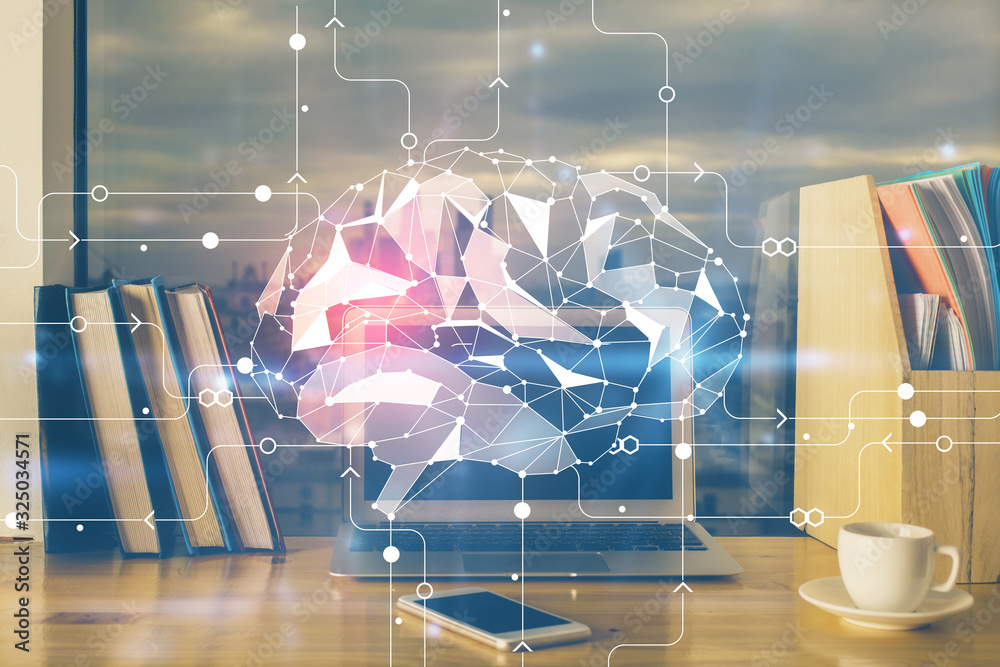 Poster Multi exposure of work table with computer and brain hologram. Brainstorm concept.