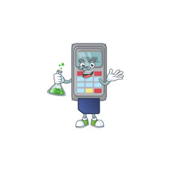 A genius Professor POS machine cartoon character with glass tube