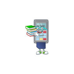 Fototapeta premium A brainy clever cartoon character of POS machine studying with some books