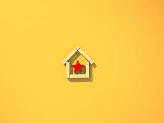 Fototapeta na wymiar 3D illustration real estate property investment and financial house mortgage with wooden block in house symbol shape with red star symbol on yellow paper background