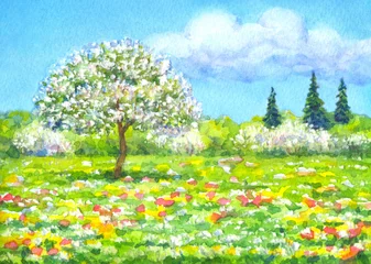 Foto op Canvas Watercolor landscape of series "Tree in different seasons" © Marina