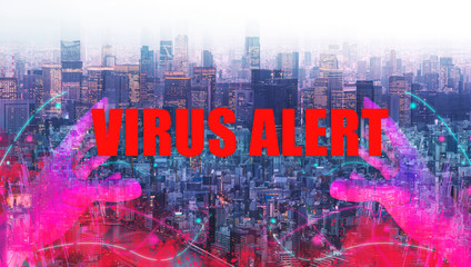 Virus alert topic and human hand on tokyo city background.