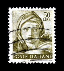 Cancelled postage stamp printed by Italy, that shows Work of  Michelangelo, circa 1961.