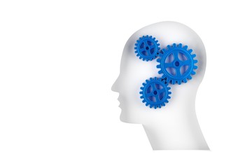 Blue gears cogwheels in human head shape isolated on white background - strategy, creative or business innovation modern minimal concept