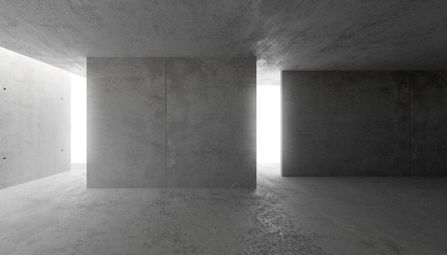 Abstract empty, modern concrete room with indirect lit backwall from behind - industrial interior or gallery background template, 3D illustration
