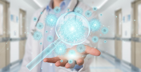 Doctor analyzing holographic cell projection through magnifying glass 3D rendering