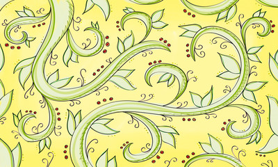 Illustrative hand drawn sketch of a curved green plant with leaves and decorative elements in front of a yellow background