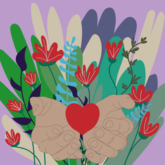 Vector watercolour floral pattern, delicate flowers, red, blue and grey flowers, greeting card template. Book illustration. Heart in arms. Open arms. Gesture open palms. Hands gives heart.