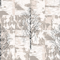 .Birch trees on the background of birch bark. Collage. Vector seamless pattern, texture. Abstract  design.