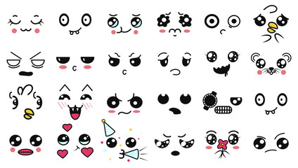 Fototapeta premium Kawaii cute faces. Funny cartoon japanese emoticon in in different expressions. Expression anime character and emotion. Social network, print, Japanese style emoticons, Mobile, chat. kawaii emotions.