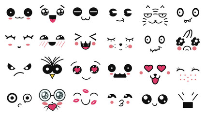 Kawaii cute faces. Funny cartoon japanese emoticon in in different expressions. Expression anime character and emotion. Social network, print, Japanese style emoticons, Mobile, chat. kawaii emotions.