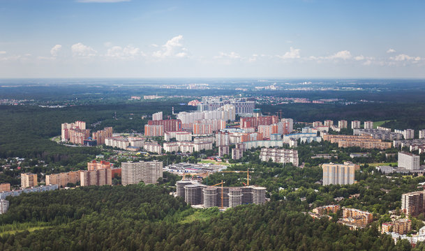 Beautiful summer panoramic landscape. Bird's-eye view of microdisricts in Krasnogors