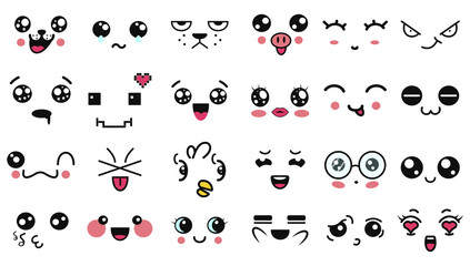 Kawaii cute faces. Funny cartoon japanese emoticon in in different expressions. Expression anime character and emotion. Social network, print, Japanese style emoticons, Mobile, chat. kawaii emotions.