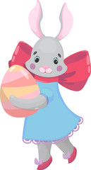Obraz na płótnie Canvas Easter girl rabbit carries an egg. Happy Easter bunny in a dress and shoes with a bow. Hand drawn cartoon animal vector illustration