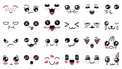 Naklejka premium Kawaii cute faces. Funny cartoon japanese emoticon in in different expressions. Expression anime character and emotion. Social network, print, Japanese style emoticons, Mobile, chat. kawaii emotions.