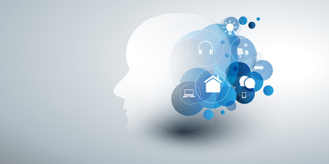 Machine Learning, Artificial Intelligence, Cloud Computing and Networks Design Concept with Icons and Human or Robot Head