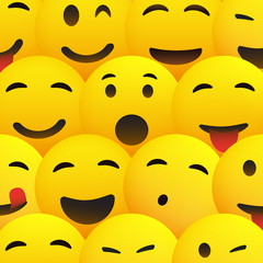 Yellow Smiling Faces with Various Expressions - Emoji Pattern Background