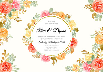 wedding invitation card template with floral watercolor