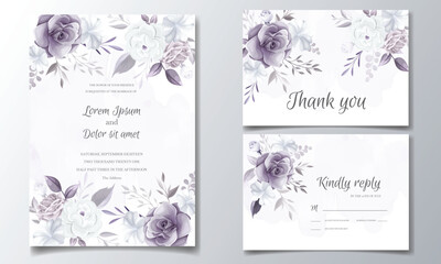Elegant wedding invitation card with beautiful purple and white floral