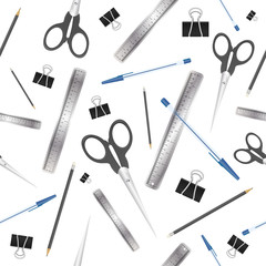 Seamless pattern with office. Endless background. Scissors, metal ruler, pen, pencil, black paper clip. Vector illustration.