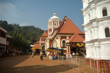 Tower for icon lamps in the temple Sri Mangesh, Goa, India. The temple was erected in honor of the Hindu God Mangesh - one of the incarnations of Lord Shiva