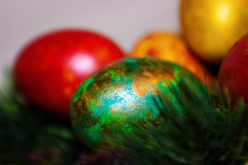 Easter eggs decor closeup marble multicolore egg