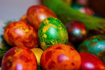 Easter eggs decor closeup marble multicolore egg
