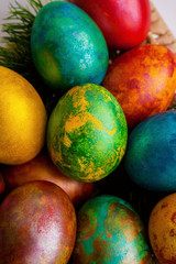 Easter eggs decor closeup marble multicolore egg