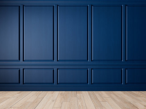 Classic blue interior blank wall with panels, moldings and wood floor. 3d render illustration mock up.