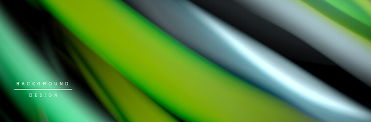 Silk and smooth flow wave poster design. Color waves, liquid style lines and shapes in black color background