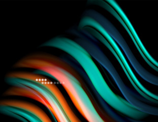 Silk smooth lines on black, liquid fluid color waves. Vector Illustration