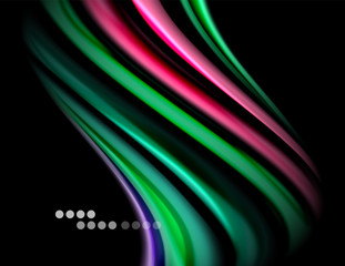 Silk smooth lines on black, liquid fluid color waves. Vector Illustration