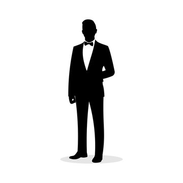 Simple tuxedo silhouette of a man. Movie or film actor. Rich man. Wedding groom costume. Award show or ceremony dress. Fancy and elegant symbol or icon. Waiter sign - Vector illustration.