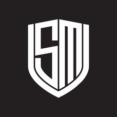 SM Logo monogram with emblem shield design isolated on black background