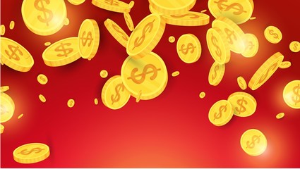 Spinning flying gold coins on red background.