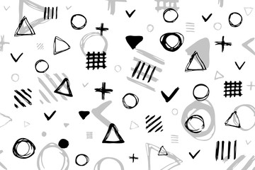 Simple geometric shapes drawn in pencil by hand. Different kinds of shapes. Black white sketch triangles, circles and lattice. Vector eps illustration.