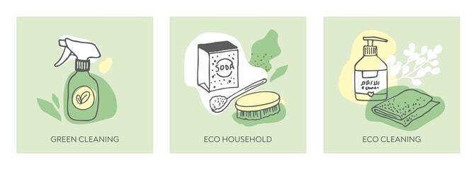 A set of posters for ecological house cleaning drawn with a black line on an abstract background. Banner for eco cleaning service with non-chemical means. Green home. Cartoon vector illustration.