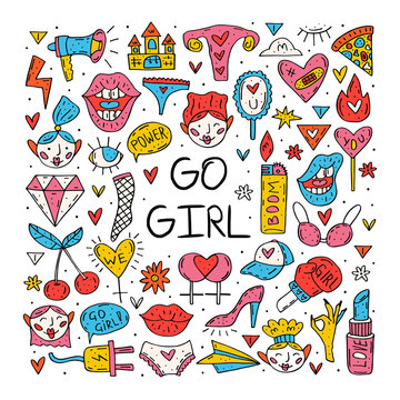 Go girl cute cartoon hand drawn doodle vector clip art, stickers, icons, set of design elements. Funny colorful design. Isolated on white background. Feminist symbols. Women's day. Women`s rights.