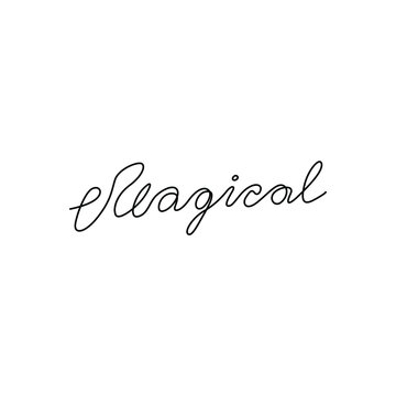 Magical lettering, continuous line drawing, hand lettering small tattoo, print for clothes, t-shirt, emblem or logo design, one single line on a white background, isolated vector illustration.