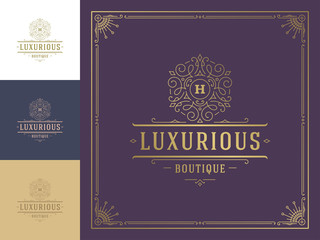 Vintage logo template vector golden elegant flourishes ornaments.