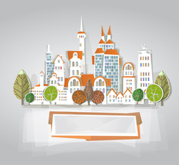 Beautiful City with skyscrapers background made of paper stickers. Paper cut effect.