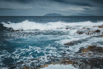Amazing view of stormy sea with big restless waves. Location Sicily, Italy, Europe.