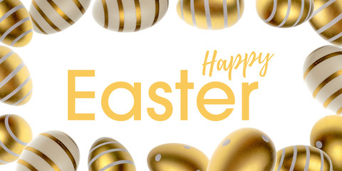 Happy Easter eggs white background. Golden shine decorated eggs falling in shape frame. For greeting card, promotion, poster